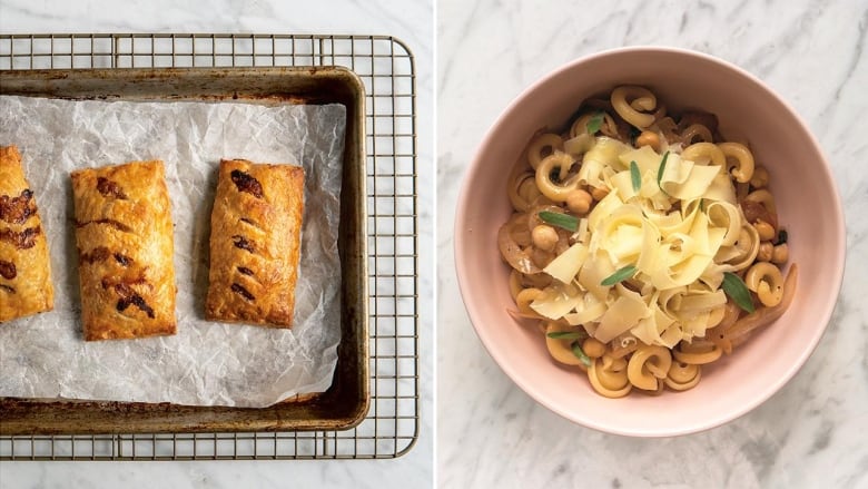 side by side of 2 images. left: overhead shot of three handpies on a baking sheet, on top of a wire cooling rack, sitting on a marble surface. right: overhead shot of a bowl of short pasta topped with onions and cheese, sitting on a marble surface.