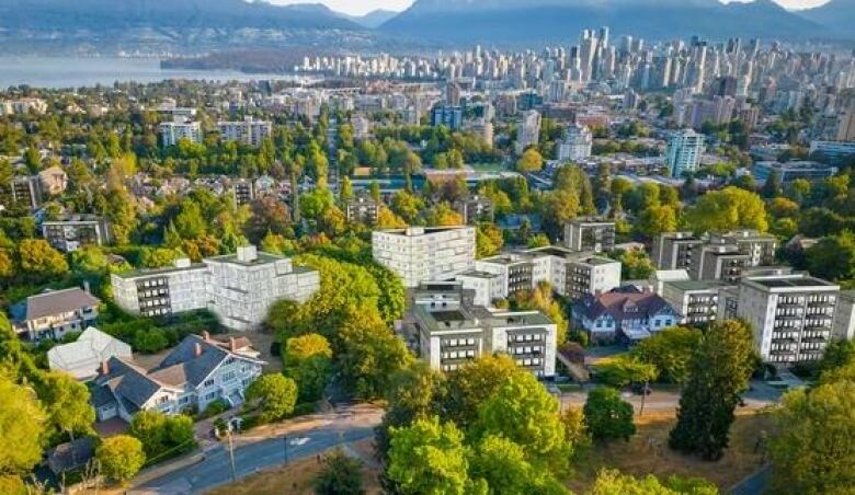 An illustration showing a view of Vancouver with a greater density of six-storey residences. 