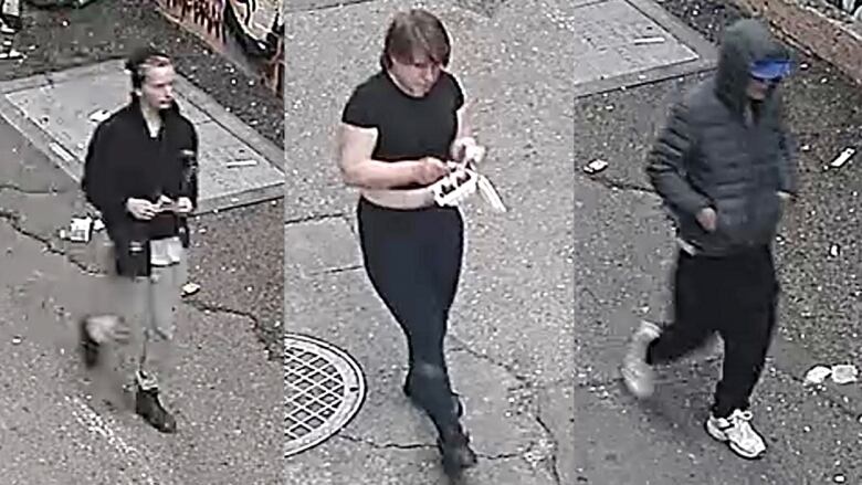 Vancouver police have shared photos of three people who are suspected in an alleged arson at a Downtown Eastside street church on July 6, 2022. A composite image of three low-resolution photographs taken from surveillance footage is shown.