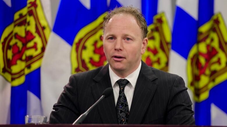 Allan MacMaster in front of Nova Scotia flags in One Government place, Halifax, N.S.