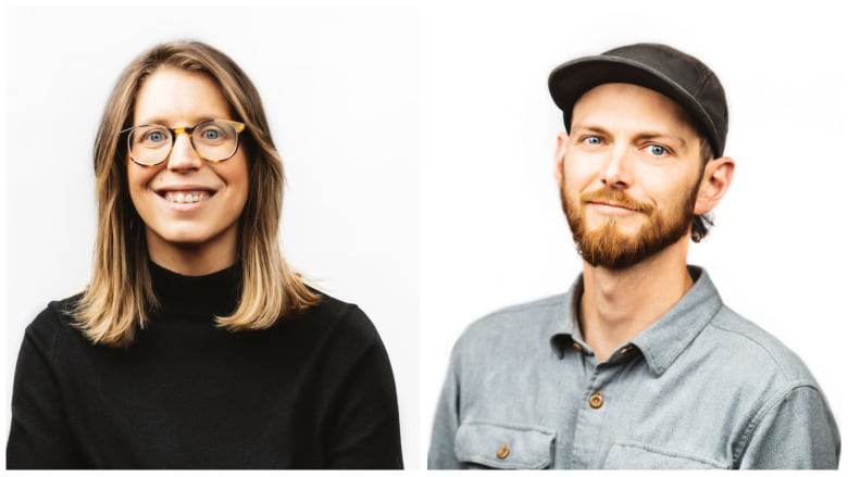 Slick woman in black turtleneck; dapper man in denim button-down.