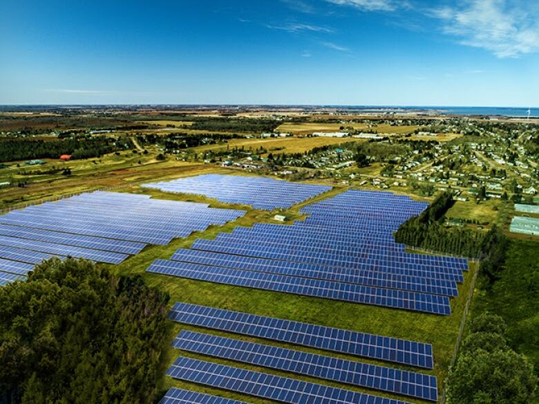 Aerial view of solar power farm in Summerside, P.E.I.