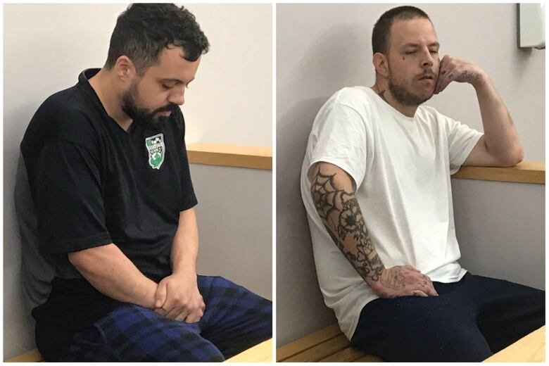 A split screen image of two men sitting in the prisoner's dock at provincial court.