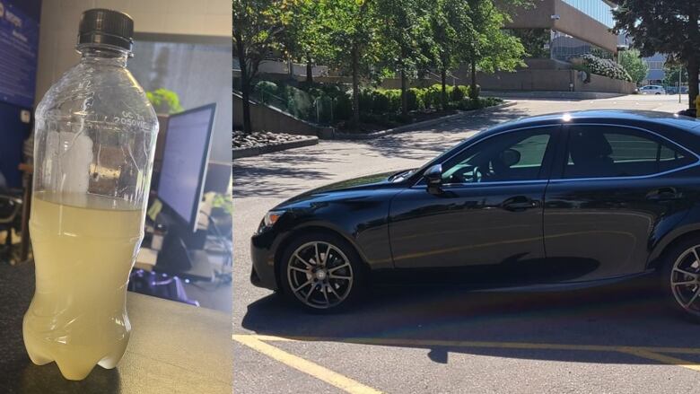 A water bottle full of contaminated gas is pictured beside a black Lexus.