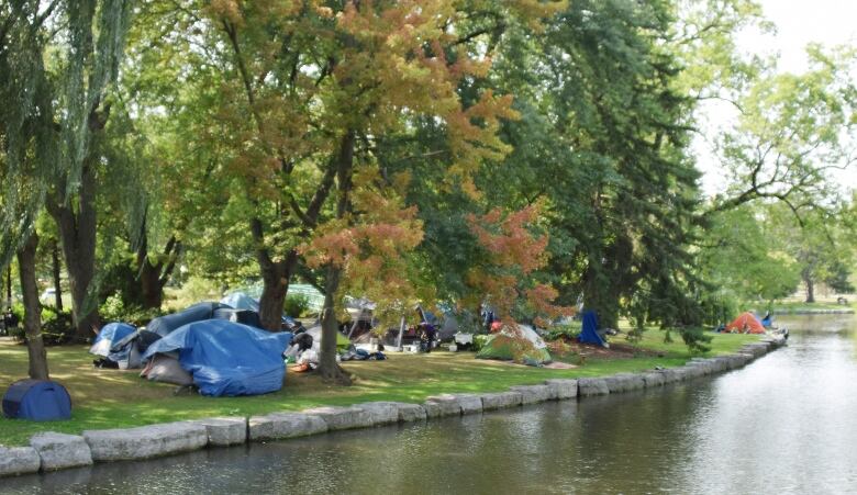 Tents are under trees beside a retaining wall and a lake.