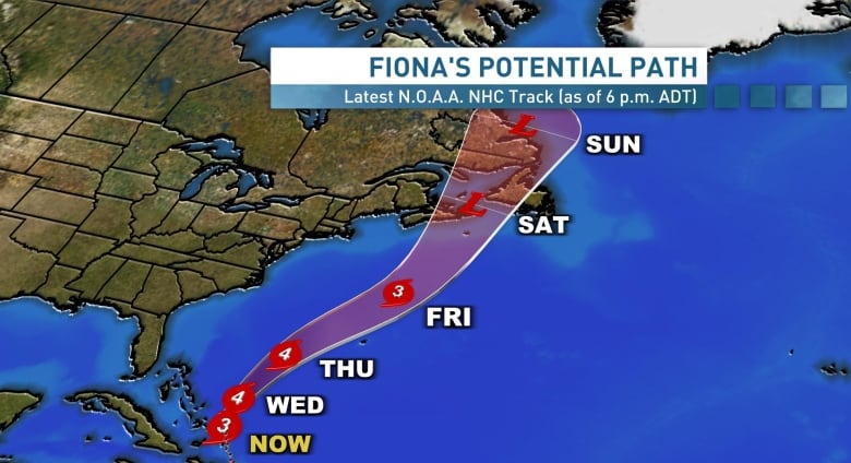 Map of Atlantic Canada showing expected path of Hurricane Fiona. 