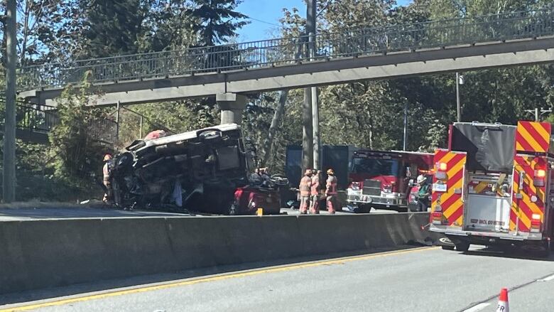 Crash on Highway 1 in West Vancouver sees fire engines and upturned vehicles.