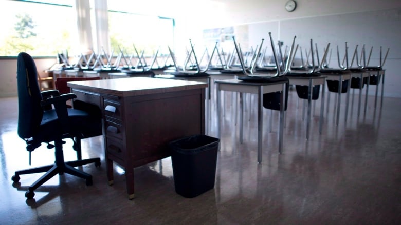  A classroom sits empty.