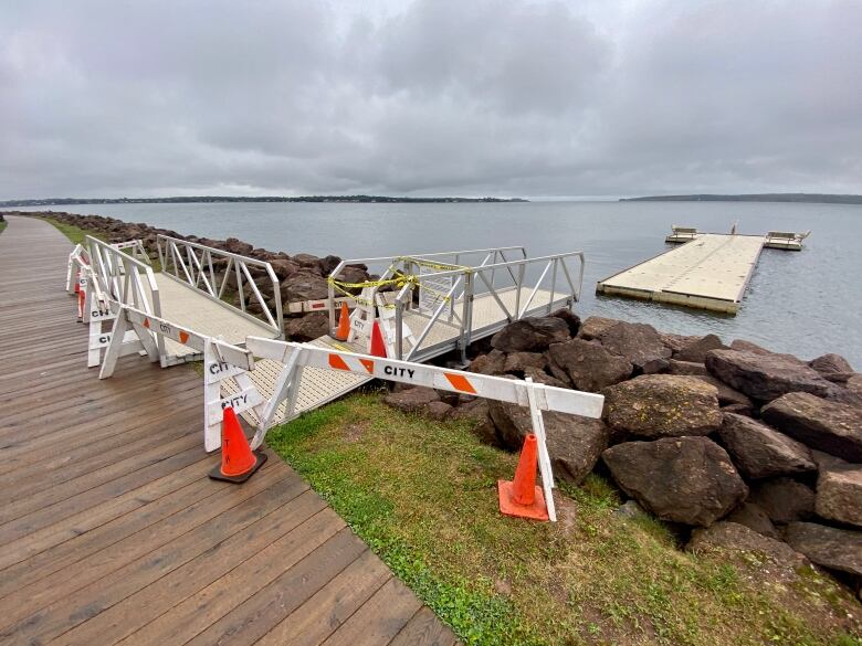 Photo of floating dock with calm water. 