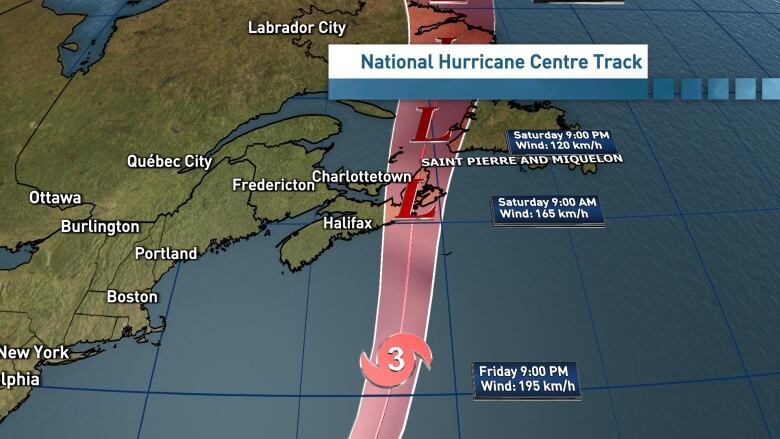 A diagram shows Hurricane Fiona's path over eastern N.S. and north toward western Newfoundland.