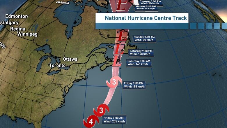 A graphic shows Hurricane Fiona's expected path over eastern Canada and north over Labrador.