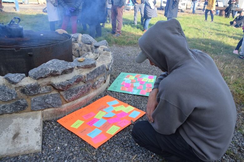 A man crouches near a campfire looking at an array of hand-made posters on the ground.