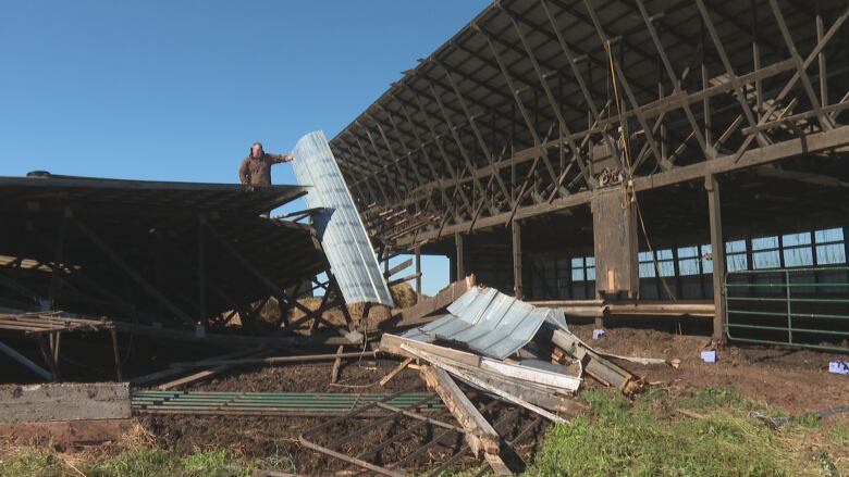 A metal roof torn off a wooden barn 