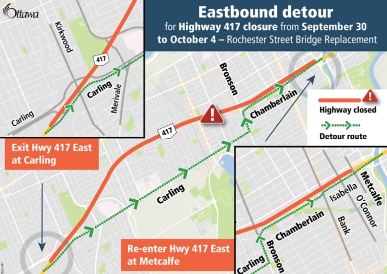 A map with arrows showing where people can drive instead of Highway 417.