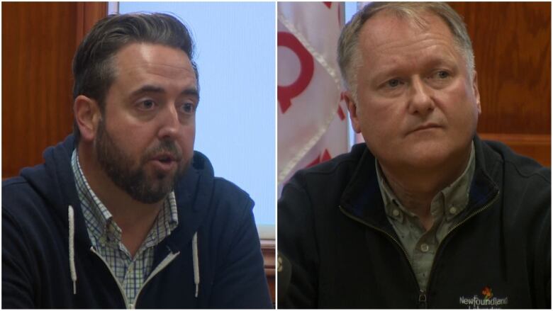 A collage image of two men speaking at a press conference.