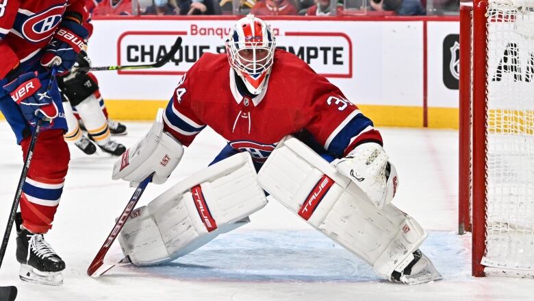 A goalie in a Montreal Canadiens jersey