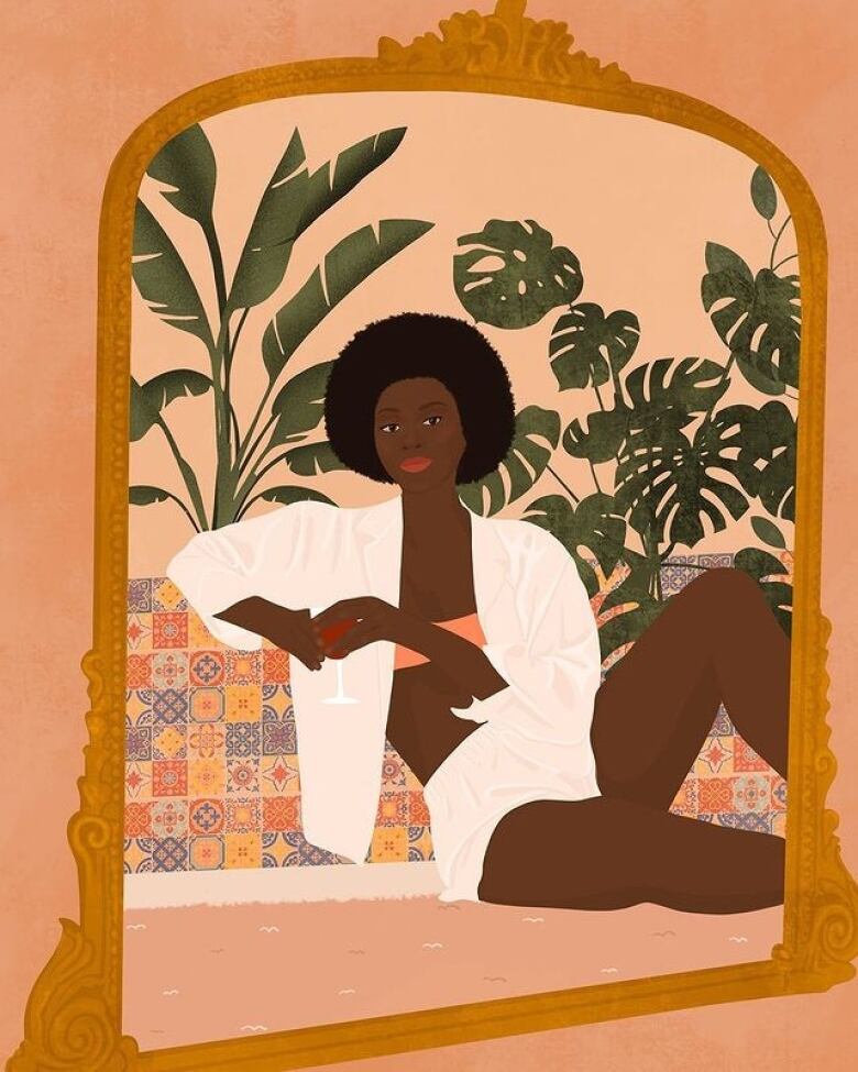 Flat digital illustration in earth tones. Depicts a young slim Black woman with her hair in an afro style. She sits in front of a gilt mirror and slightly smiles. She wears short white PJs and holds a glass of wine. Leafy monstera plants are visible in the background.