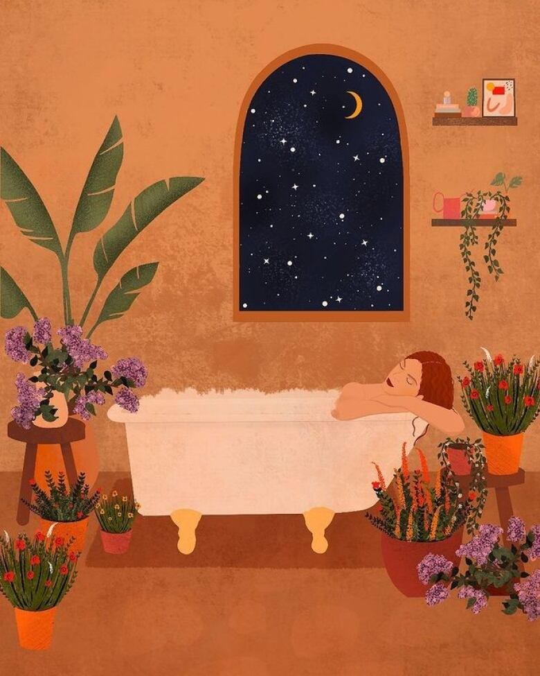 Flat digital illustration in earth tones. A slim red-haired white woman dozes in a claw-foot tub topped with bubbles. She is surrounded by houseplants. An arched window reveals a starry sky outside.