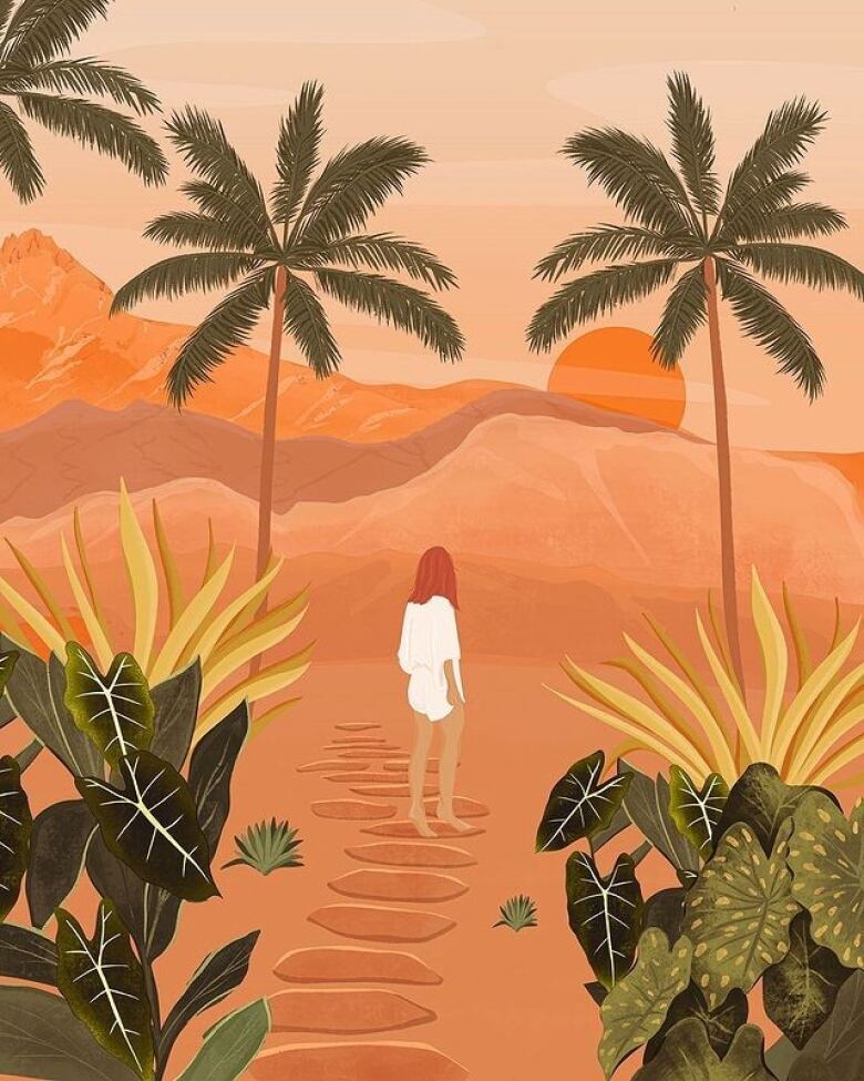 Flat 2D digital illustration of a thin red-haired woman in a white shirt walking towards the horizon of a earth-toned landscape featuring hills and palms.