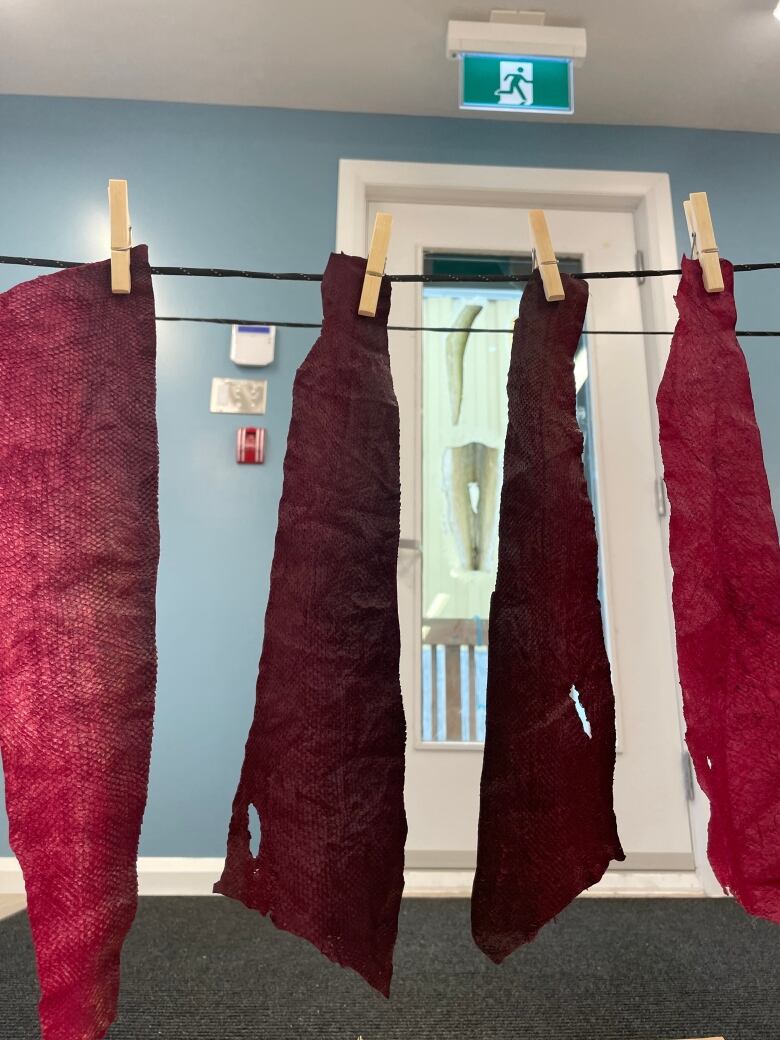 Bright red fish skins hang from an indoor clothesline.