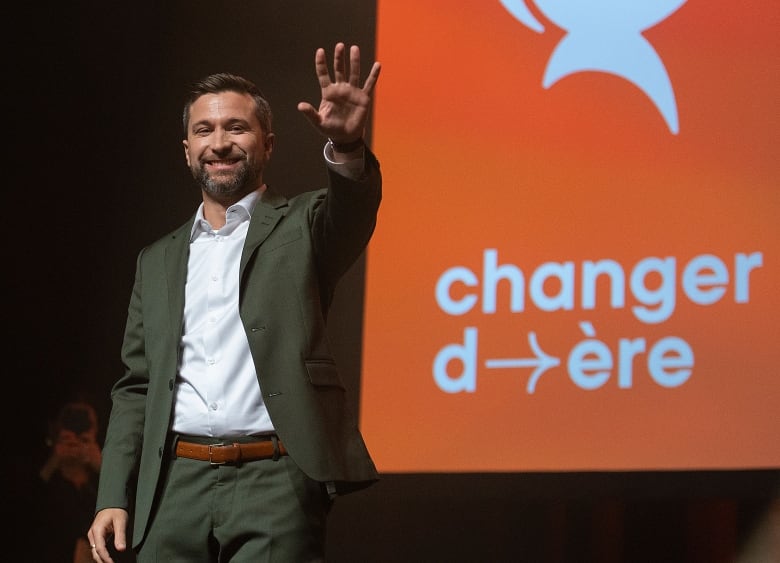 Qubec Solidaire co-spokesperson Gabriel Nadeau-Dubois speaks to supporters at QS headquarters on election night in Montreal, Monday, Oct. 3, 2022. 