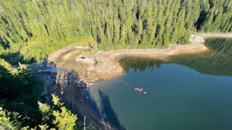 An aerial photo shows historic low levels on Chapman Lake on Sept. 21, 2022. The Sunshine Coast Regional District depends on the lake for its water supply.