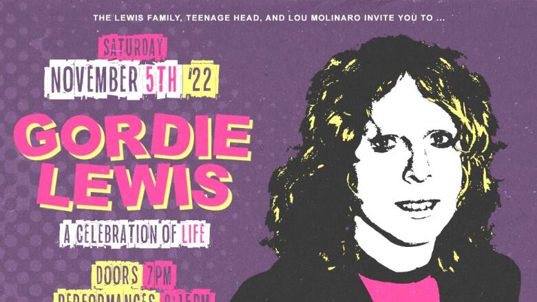 An event poster of for Gord Lewis's celebration of life event, with an artistically drawn portrait of Gord featured.