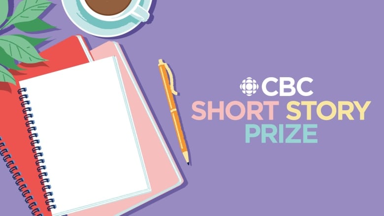 An image of a pile of notebooks with a pen next to them and a cup of coffee above with the CBC Short Story Prize logo next to it