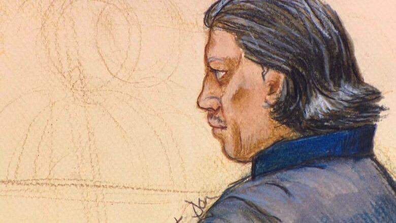 An artist's rendition of Aydin Coban pictured in B.C. Supreme Court in New Westminster shows a man with long salt and pepper hair and a moustache staring ahead.