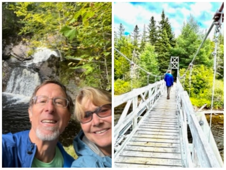 A couple smile in a selfie next to a picture of a man walking on a bridge