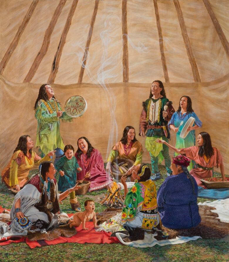 Realistic acrylic painting depicting a community of Indigenous people of various ages gathered under a tipi wearing traditional dress, talking and singing.