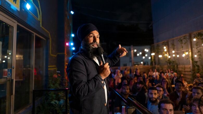 New Democratic Party Leader Jagmeet Singh speaks to a crowd of supporters at an event during the NDP caucus retreat in Halifax on Thursday, September 8, 2022. THE CANADIAN PRESS/Darren Calabrese 