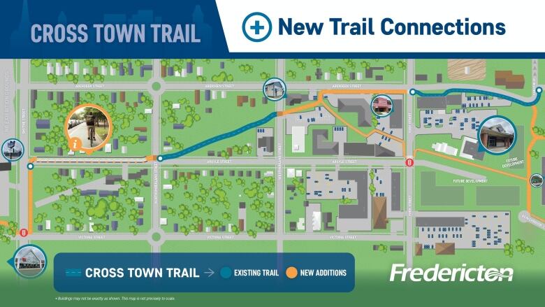 A map showing a plan to complete Fredericton's Cross Town Trail.