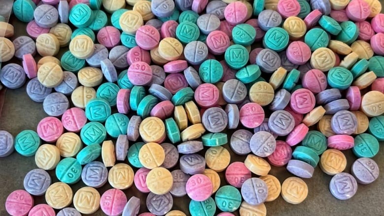 A pile of rainbow fentanyl pills. 