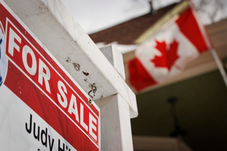 A sign that says for sale with a Canadian flag in the background.