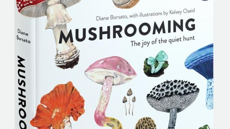 Detail of the cover of Mushrooming. White background filled with painted illustrations of colourful mushrooms.