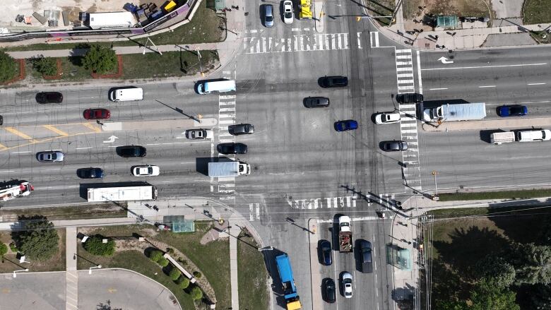 Typical traffic congestion in Scarborough as pictured from a drone above an intersection.