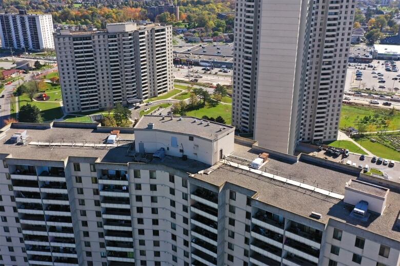 High-rise apartment towers and surrounding Jane and Finch neighbourhood are pictured from above.