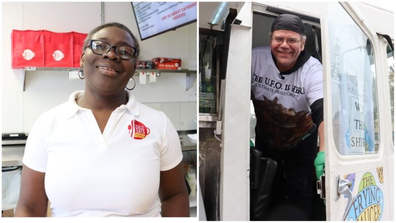 A woman stands smiling at the camera with a white shirt on that reads Zule Eats. A man smiles while opening the door of his food truck.