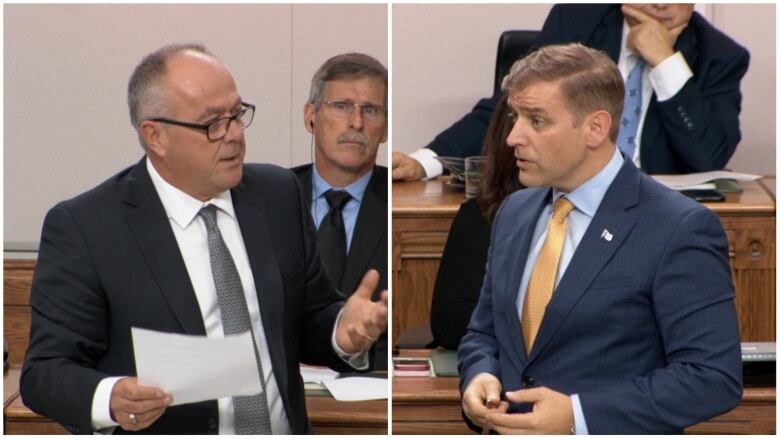 Two photos of two men in suits, seen from the waist up, speaking. 