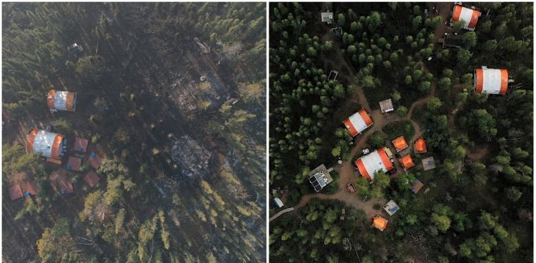 A pair of photos from a drone compare damage at Scotty Creek Research Station to what it looked like before.