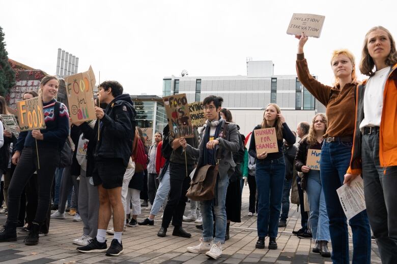 Students hold up signs that read 'Inflation=starvation' and 'hungry for change'.