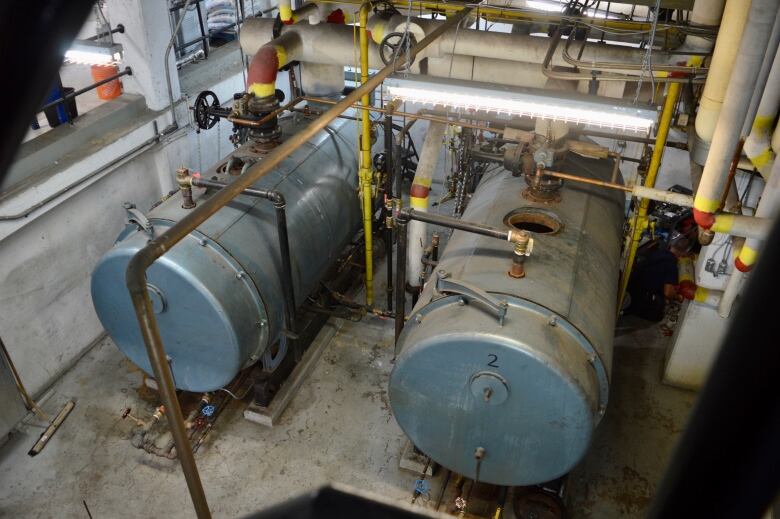 Two boilers are located just below the entrance of the Regina Central Library. 