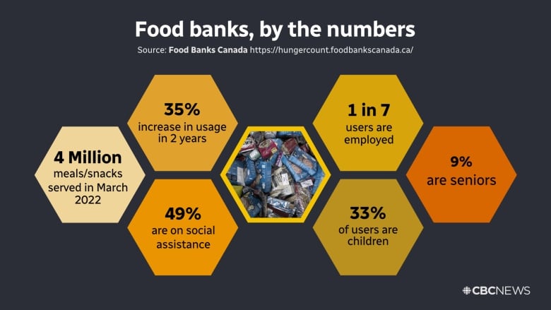 Graphic showing food banks by the numbers. The report says there has been: 35% increase in usage in 2 years 4 million meals/snacks served in March 2022 1 in 7 users are employed 49% are on social assistance 33% of users are children 9% are seniors