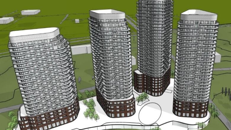 An architectural rendering of four mixed-use towers ranging in height from 24 to 32 storeys.