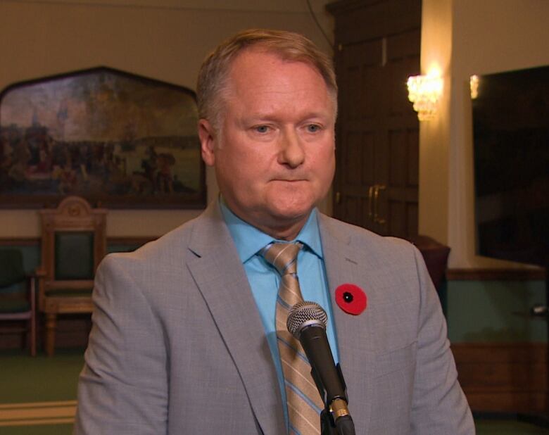 A person wearing a suit jacket and tie speaks into a microphone. The person wears a poppy.