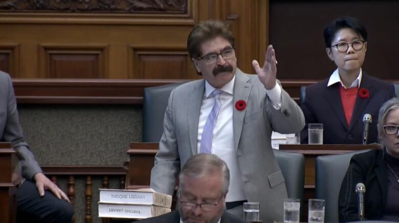 A man with a moustache points accusingly in the chamber at Queen's Park. 