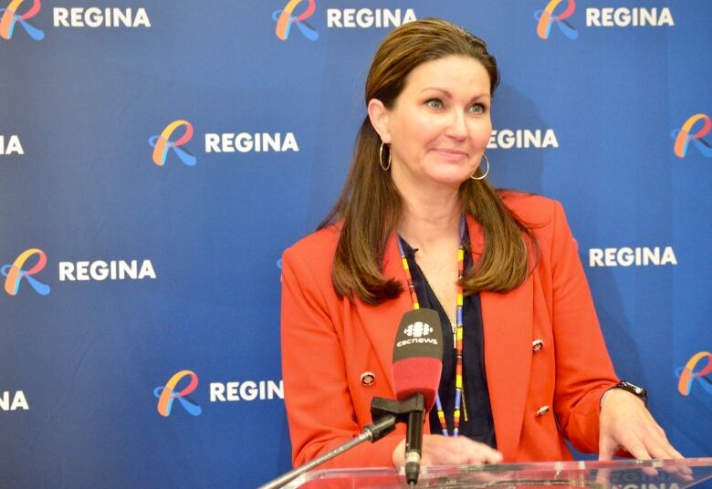 Mayor Sandra Masters speaks during a press conference at Regina city hall. 