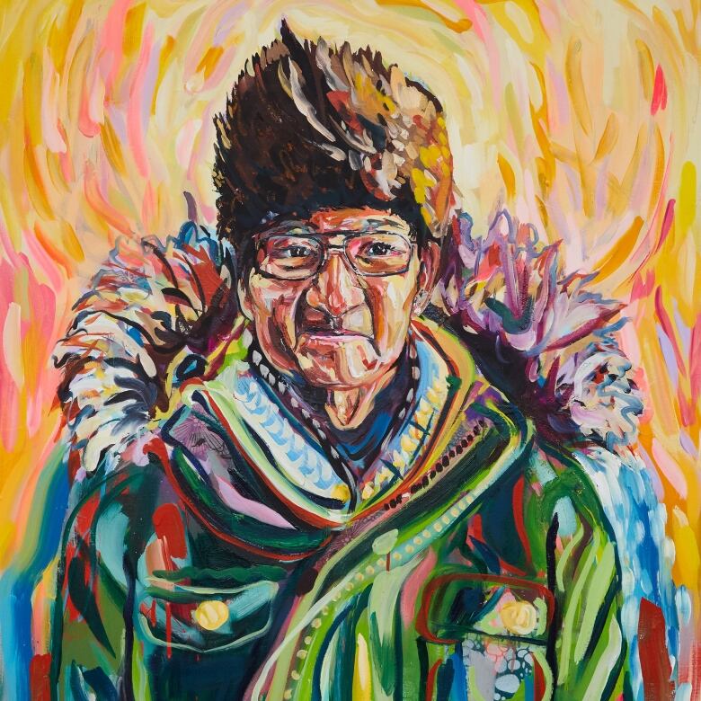 Painting of an elderly man wearing glasses and a colourful coat and fur hat.