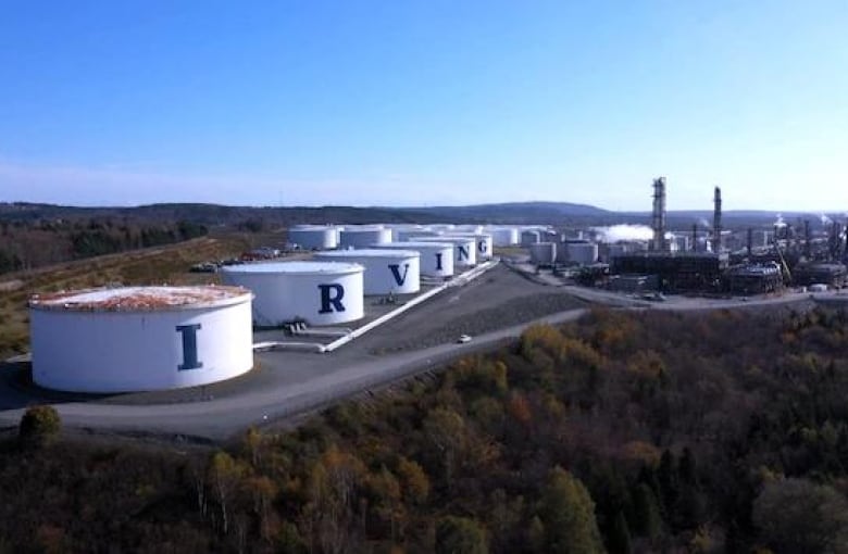 An aerial view of the Irving Oil property feature large barrels with the letters spelling Irving. 